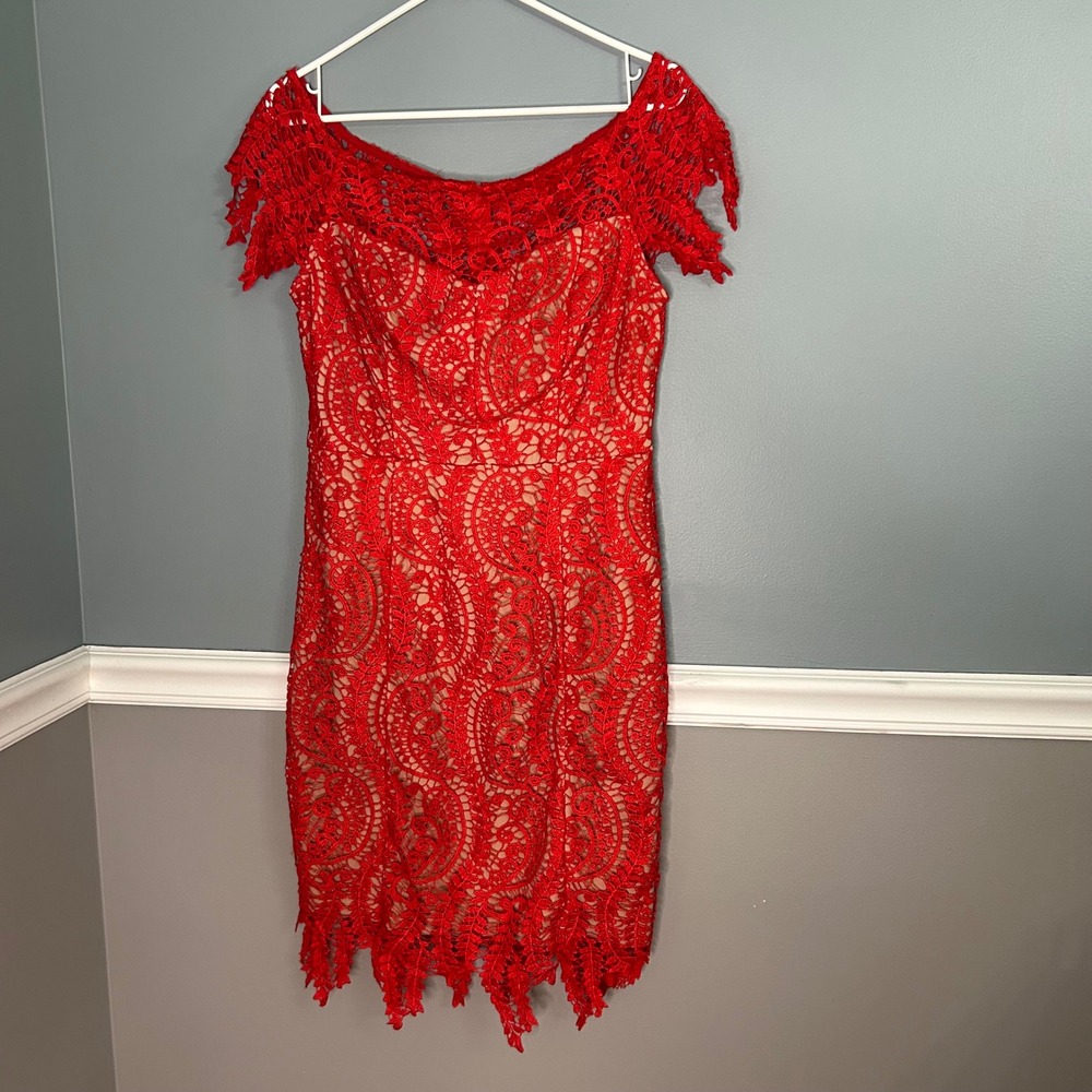 Nikibiki Red Floral‎ Crochet Lace Off Shoulder Cocktail Dress Large Sheath Midi